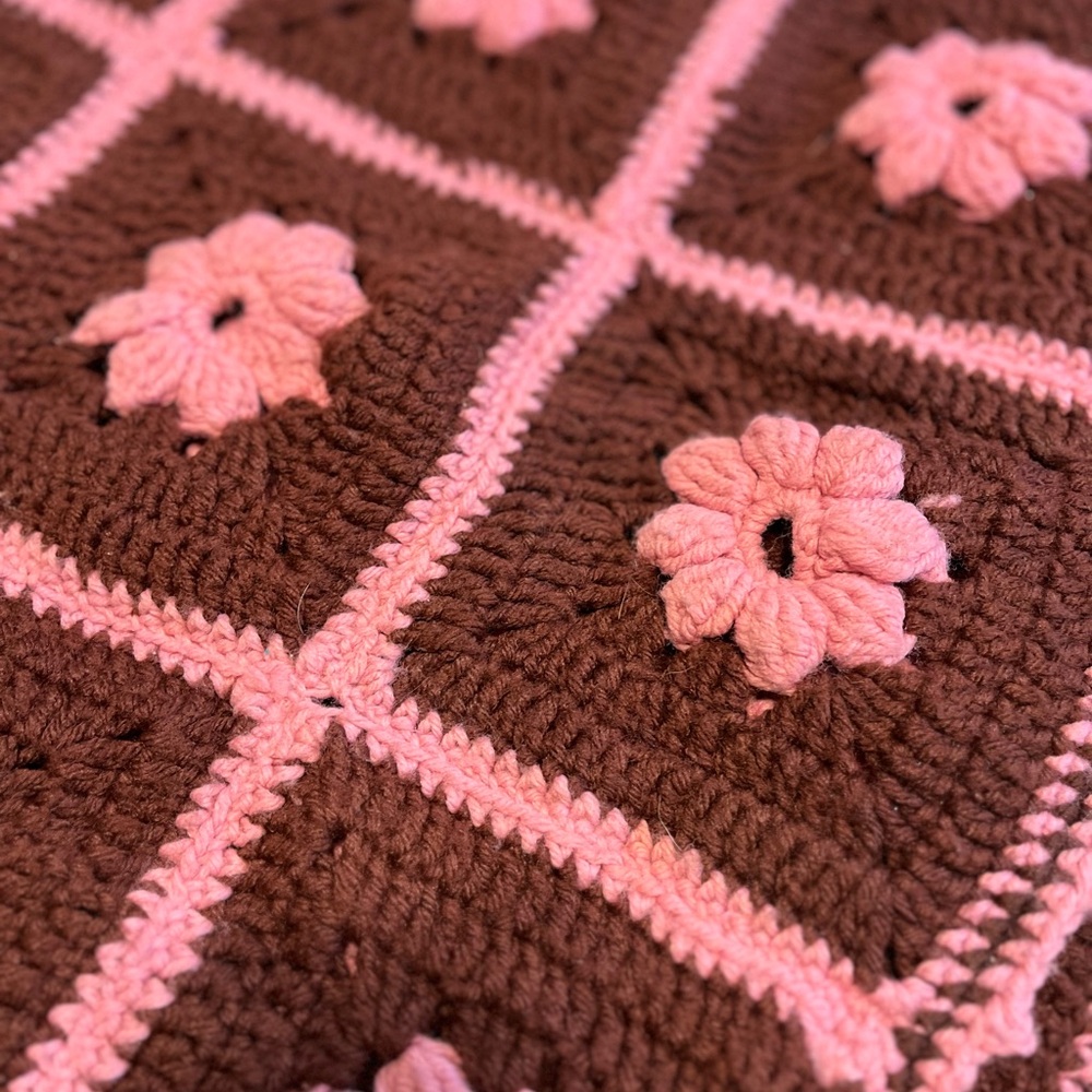 Handmade Crochet Blanket - Brown and Pink Floral